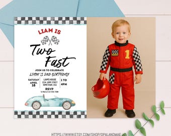 Bewerkbare twee snelle verjaardagsuitnodiging foto racewagen 2e verjaardag uitnodigen racewagen vintage raceauto afdrukbare sjabloon Instant Download RC01