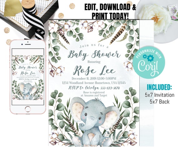 Elephant Baby Shower Invitation, Gender Neutral Baby Shower Invite, Boy Baby Shower Invitation Il_570xn