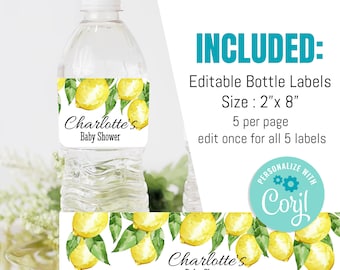 EDITABLE Lemon Shower Bottle Label, Lemon Water bottle labels, Digital, Instant download, Lemon Bridal Shower ,Positano Theme, Shower label