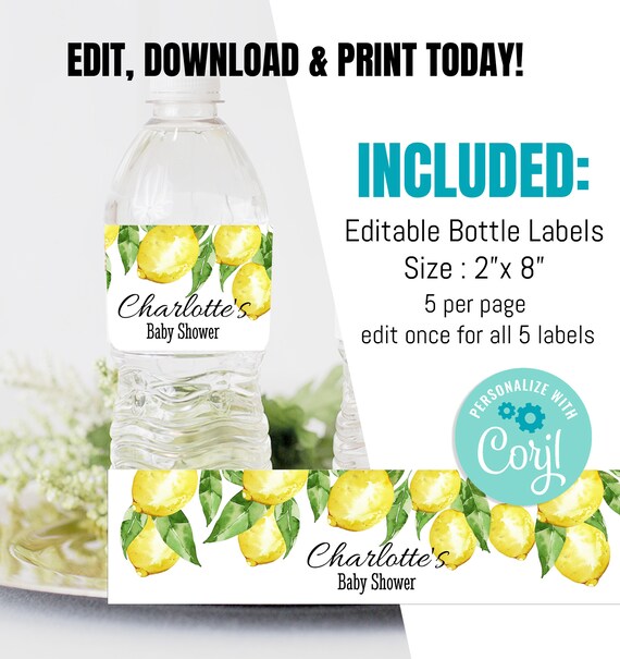 EDITABLE Lemon Shower Bottle Label, Lemon Water bottle labels, Digital