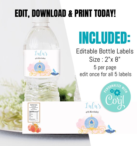 EDITABLE Cinderella Bottle Label, Water bottle labels, Digital, Instant download template, Princess Girl Birthday Cinderella label Il_570xn