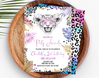 Calling All Party Animal Birthday Invitation, Rainbow Cheetah Leopard Print, Jungle Theme, Safari Animals Party, Girl Invite, Editable PA01