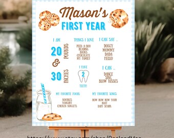 May include: A blue and white first birthday milestone poster with a cookie theme. The poster features the name "Mason's" and the text "First Year". It includes details about the child's age, weight, height, favourite foods, and songs. The poster is decorated with images of cookies.