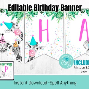 EDITABLE Safari Party Animals Banner, Happy Birthday Banner, Girl Safari Animals, Party Animal banner, Printable Instant download