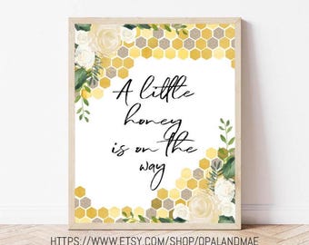 Letrero "Un poco de miel está en camino", tema de baby shower de abejorros, abejas en acuarela, amarillo, género neutro, niño o niña, letreros de baby shower de abejas