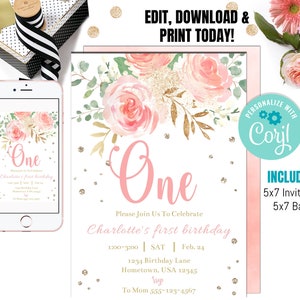 EDITABLE Blush Pink Floral Baby&#39;s First Birthday Party Invitation, Printable 1st Birthday Invite Template, Boho Girl, One Instant download