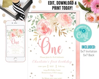 EDITABLE Blush Pink Floral Baby's First Birthday Party Invitation, Printable 1st Birthday Invite Template, Boho Girl, One Instant download
