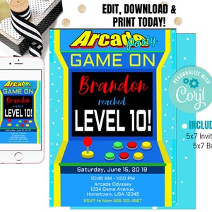 Arcade Birthday Invitation, Arcade invitation, Instant Download , Gaming invitation, Retro Arcade Birthday, Video Game Invitation, Editable