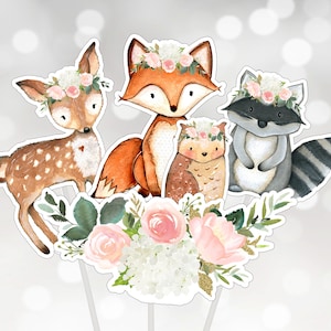 Mädchen Wald Baby-Dusche-Mittelstück, Cake Topper Ausschnitte, rosa Blumen Waldtier Party Dekor, printable digitaler Download