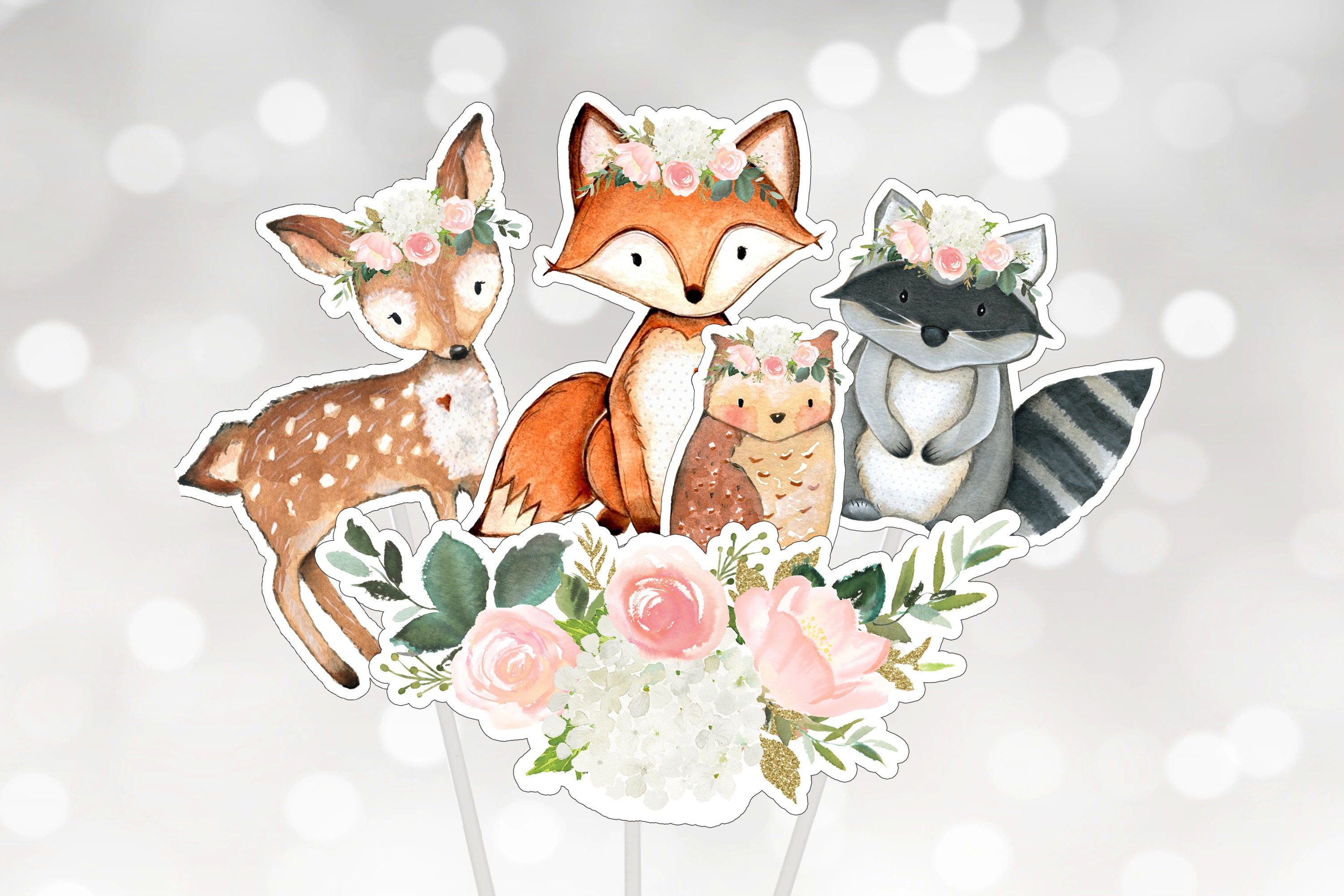 Girl Woodland Baby Shower Centerpiece, Cake Topper, Cut Outs, Pink Floral Woodland Animal Party Decor, Printable Digital Download