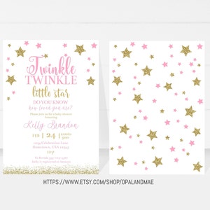 Peut inclure: Invitation &agrave; une f&ecirc;te pr&eacute;natale rose et or avec un motif d'&eacute;toiles et le texte "Twinkle Twinkle little star Do you know how loved you are?"  Veuillez vous joindre &agrave; nous pour une f&ecirc;te pr&eacute;natale en l'honneur de Kelly Brandon le 24 f&eacute;vrier de 13h00 &agrave; 15h00 1234 Celebration Lane, Houston, USA 12345 160P Pour RSVP 232-787-8997 Kelly est inscrite sur Amazon.
