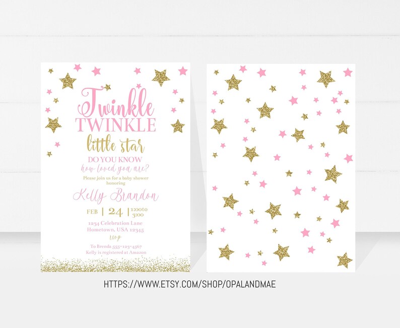 Peut inclure: Invitation &agrave; une f&ecirc;te pr&eacute;natale rose et or avec un motif d'&eacute;toiles et le texte "Twinkle Twinkle little star Do you know how loved you are?"  Veuillez vous joindre &agrave; nous pour une f&ecirc;te pr&eacute;natale en l'honneur de Kelly Brandon le 24 f&eacute;vrier de 13h00 &agrave; 15h00 1234 Celebration Lane, Houston, USA 12345 160P Pour RSVP 232-787-8997 Kelly est inscrite sur Amazon.