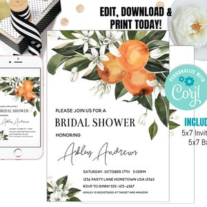 May include: A printable bridal shower invitation with a watercolor illustration of orange blossoms and oranges. The invitation is for Ashley Andrews and includes the date, time, and location of the shower. It also includes the text "Please join us for a bridal shower honoring Ashley Andrews".