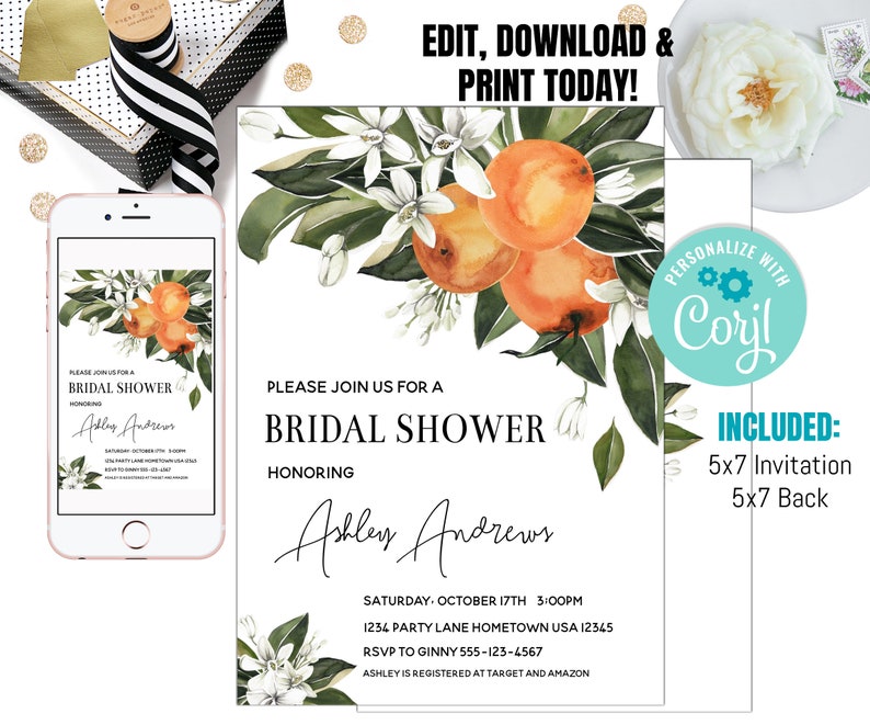 May include: A printable bridal shower invitation with a watercolor illustration of orange blossoms and oranges. The invitation is for Ashley Andrews and includes the date, time, and location of the shower. It also includes the text "Please join us for a bridal shower honoring Ashley Andrews".
