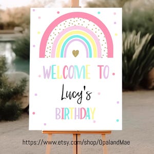 Editable Rainbow Birthday Sign Party Signs Girls Rainbow Party Pink Gold Rainbow Hearts Pastel Rainbow Digital Download RB01