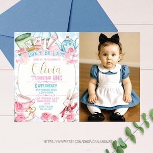 EDITABLE Alice in Wonderland Invitation Template Alice in Onederland 1st Birthday Photo Invite Mad Tea Party Printable Instant Download AP01