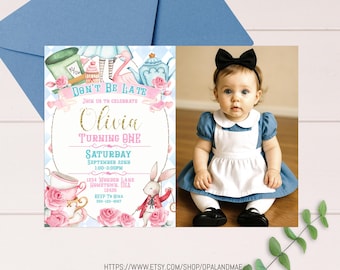 EDITABLE Alice in Wonderland Invitation Template Alice in Onederland 1st Birthday Photo Invite Mad Tea Party Printable Instant Download AP01