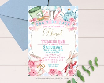 Alice in Wonderland Invitation Template, Alice in Onederland 1st Birthday Invite, Mad Tea Party,  Instant Download EDITABLE Printable