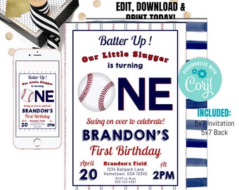 Baseball Invitation, Editable Baseball Birthday invitation, Baseball Party Invitation, Baseball First Birthday , Boy 1st Birthday Invitation