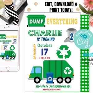 Peut inclure: Invitation d'anniversaire avec un camion &agrave; ordures vert et bleu avec le texte "Dump Everything Charlie is Turning 2" et "October 17, 1:00-3:00". L'invitation comprend &eacute;galement un symbole de recyclage vert et bleu et une poubelle verte et bleue.