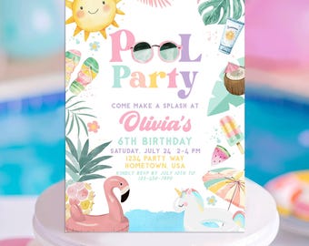 Editable Pool Party Invitation Tropical Splish Splash Girly Pool Party Invitation Summer Swimming Pool Splash Pad Party Instant Download P01