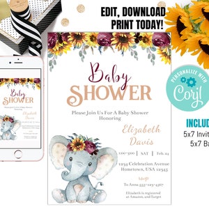 Puede incluir: Una invitaci&oacute;n para baby shower imprimible con un lindo elefante de dibujos animados con una corona de flores. La invitaci&oacute;n est&aacute; decorada con girasoles y flores burdeos. El texto de la invitaci&oacute;n dice "Baby Shower" e incluye el nombre "Elizabeth Davis" y la fecha y hora del evento. La invitaci&oacute;n tambi&eacute;n incluye el texto "Please Join Us For A Baby Shower Honoring Elizabeth Davis".