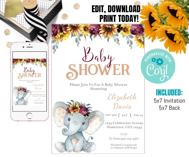 Puede incluir: Una invitaci&oacute;n para baby shower imprimible con un lindo elefante de dibujos animados con una corona de flores. La invitaci&oacute;n est&aacute; decorada con girasoles y flores burdeos. El texto de la invitaci&oacute;n dice "Baby Shower" e incluye el nombre "Elizabeth Davis" y la fecha y hora del evento. La invitaci&oacute;n tambi&eacute;n incluye el texto "Please Join Us For A Baby Shower Honoring Elizabeth Davis".
