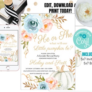 Fall Gender Reveal Invitation, He or She? What Will Our Pumpkin Be? Pumpkin Gender Reveal Party Invite, Autumn Gender Reveal, Little Pumpkin