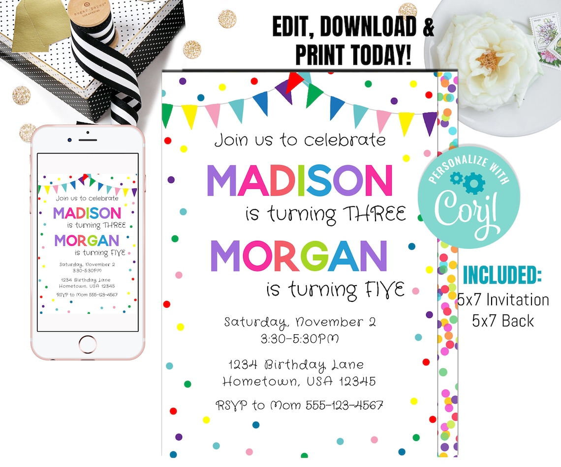 Editable Joint Birthday Invitation Rainbow Invite Joint Etsy
