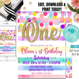 May include: A colorful invitation for a first birthday party. The invitation features a large gold glitter number "one" with rainbow stripes and confetti. The text reads "Please join us for Olivia's 1st Birthday - Saturday, July 28th 12:00-3:00PM, 1234 Birthday Lane, Hometown USA 12345, RSVP to Mom 555.123.4567".