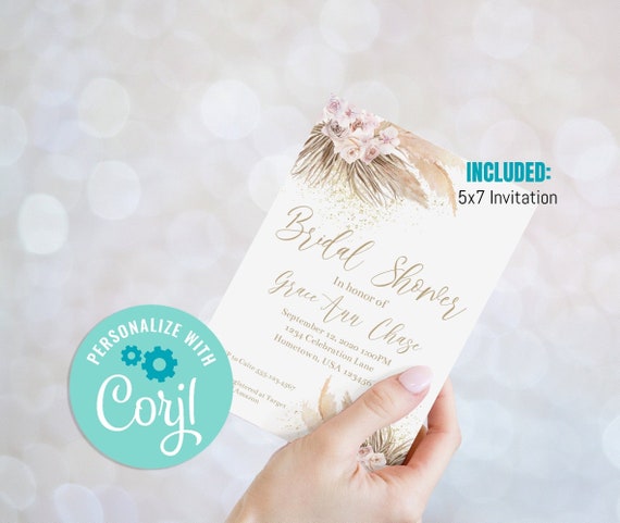 Editable Pampas Grass Bridal Shower Invitation | Bohemian Bridal Shower Invitation | Boho Shower | Tropical Shower | Instant Download | Il_570xn