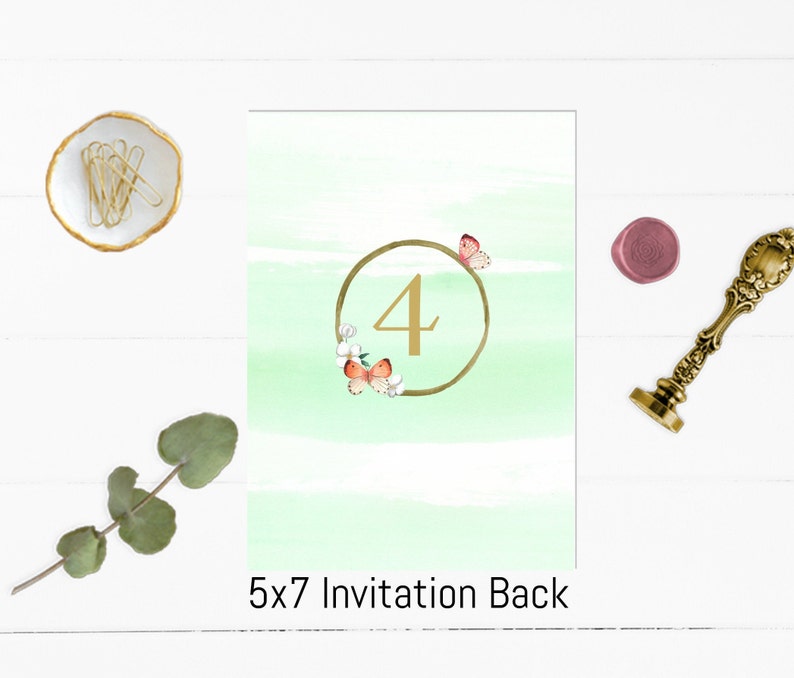 May include: A green watercolor background with a gold circle and the number 4 in gold. The circle is decorated with white flowers and orange butterflies. The text "5x7 Invitation Back" is at the bottom of the image.