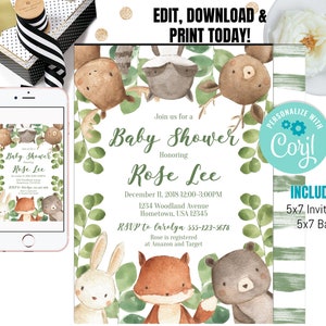 Invitation de baby shower de forêt de verdure MODIFIABLE, invitation imprimable d'animaux de forêt rustique, forêt de verdure botanique, TÉLÉCHARGEMENT IMMÉDIAT