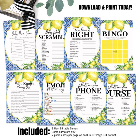 Lemon Baby Shower Games Bundle, Citrus Lemon Baby Shower Games, Baby Shower games, Instant Download , Positano Baby Shower Game Il_570xn