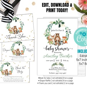 Editable Let the Adventure Begin Woodland Baby Shower Invitation Bundle Woodland Baby Shower Invite Thank You Boy Adventure Baby Shower WS02