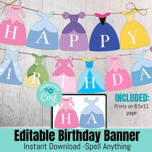 Princess Birthday or Baby Shower Banner Printable Party Decorations, Editable Princess Dress Banner, Birthday Banner, Instant Download