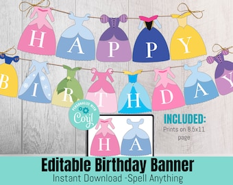 Princess Birthday or Baby Shower Banner Printable Party Decorations, Editable Princess Dress Banner, Birthday Banner, Instant Download