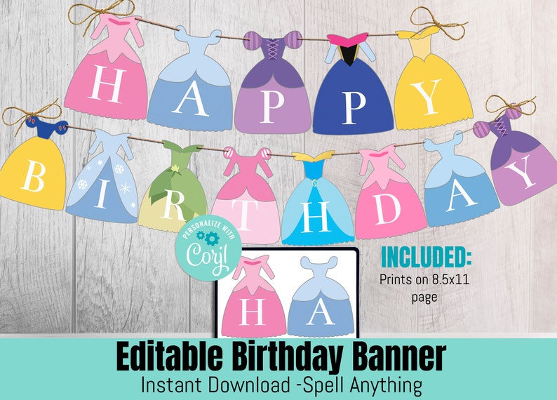 May include: A printable birthday banner featuring paper dress cutouts in various colors, each displaying a white letter to spell HAPPY BIRTHDAY. The banner includes gold twine ties and a digital preview showing 8.5x11 inch page printing.