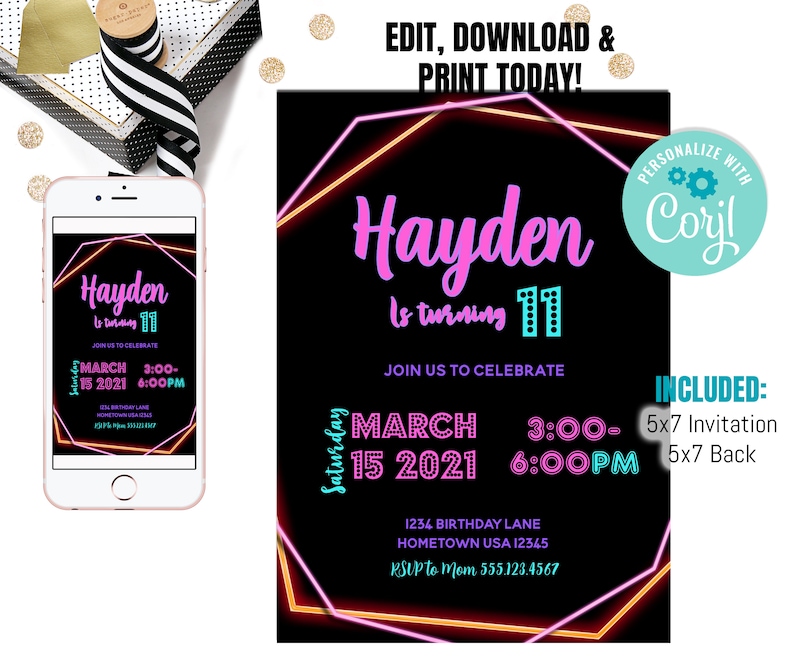 Puede incluir: Una invitaci&oacute;n de cumplea&ntilde;os negra con un dise&ntilde;o geom&eacute;trico rosa ne&oacute;n y naranja. La invitaci&oacute;n dice "Hayden cumple 11 a&ntilde;os" e incluye los detalles del evento. Un smartphone muestra la invitaci&oacute;n. El texto "Edit, Download & Print Today!" est&aacute; en la parte superior.