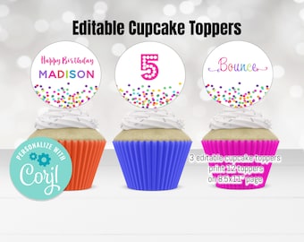 EDITABLE Rainbow cupcake toppers, Thank you tags, cake toppers, Jump favor Printable , Bounce house, Trampoline birthday, Instant download