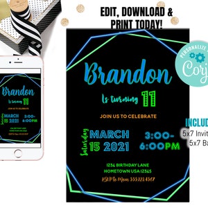 Puede incluir: Invitaci&oacute;n de cumplea&ntilde;os en verde ne&oacute;n y azul con fondo negro. La invitaci&oacute;n dice "Brandon cumple 11 a&ntilde;os" e incluye la fecha y la hora de la fiesta. La invitaci&oacute;n tambi&eacute;n incluye la direcci&oacute;n y la informaci&oacute;n de RSVP. La invitaci&oacute;n est&aacute; personalizada con el nombre "Cory!" e incluye una invitaci&oacute;n de 5x7 y una parte posterior de 5x7.