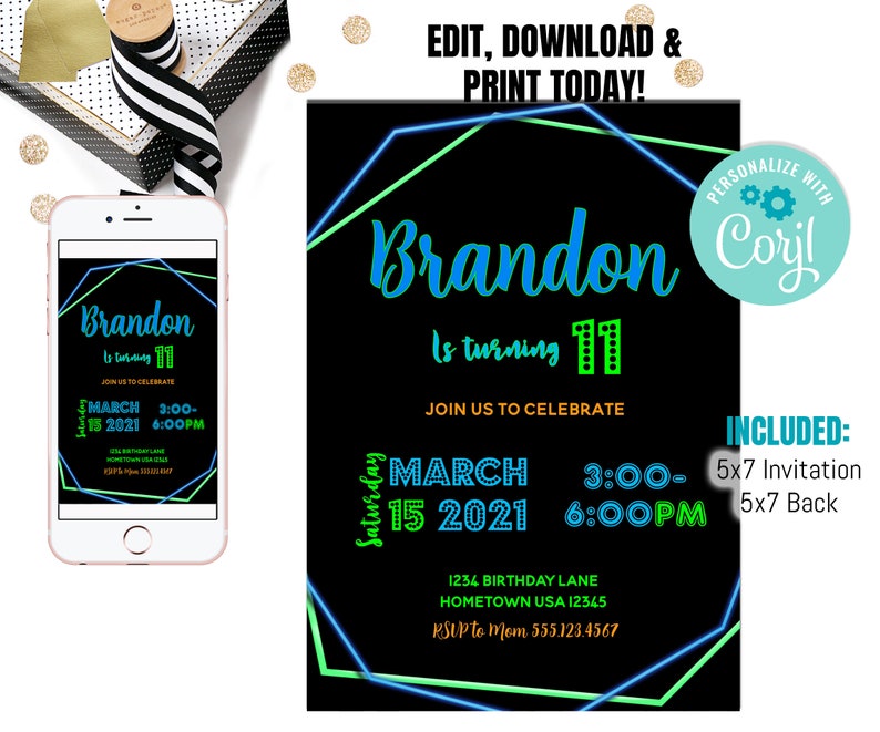 Puede incluir: Invitaci&oacute;n de cumplea&ntilde;os en verde ne&oacute;n y azul con fondo negro. La invitaci&oacute;n dice "Brandon cumple 11 a&ntilde;os" e incluye la fecha y la hora de la fiesta. La invitaci&oacute;n tambi&eacute;n incluye la direcci&oacute;n y la informaci&oacute;n de RSVP. La invitaci&oacute;n est&aacute; personalizada con el nombre "Cory!" e incluye una invitaci&oacute;n de 5x7 y una parte posterior de 5x7.