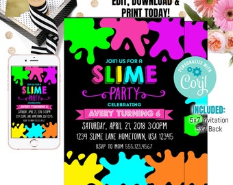 Slime Birthday Party Invitation, Slime invitation, Slime Party,  Neon Invitation, Slime Party Invitation, Slime Theme