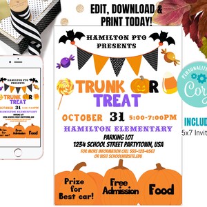 INSTANT DOWNLOAD Printable Trunk or Treat Halloween Flyer, Fully Editable,5x7, 8.5 x 10, Halloween Invitation