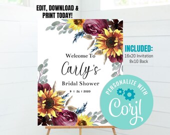 Fall Bridal Shower Welcome Sign, bridal shower welcome sign, Sunflower welcome sign, printable sign, bridal shower decoration
