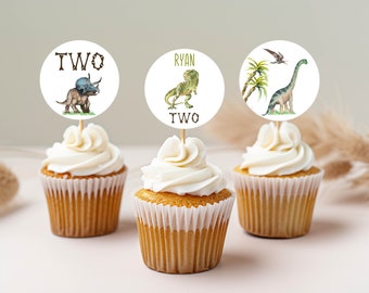 Dinosaur Birthday Cupcake Toppers, Dinosaur 2nd Birthday Cupcake, Two Rex Dinosaur Safari, T- Rex, PRINTABLE Instant Download Template