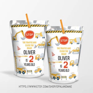 Etichette per sacchetti di succo personalizzabili per feste di compleanno di costruzione modificabili, bomboniere per feste di costruzione, sacchetti di succo CP02