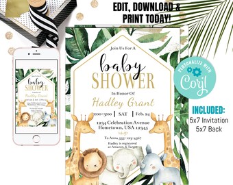 Puede incluir: Una invitación a una fiesta de bienvenida al bebé con temática de la selva. La invitación presenta un marco dorado con el texto "Join Us For A Baby Shower" y "In Honor Of Hadley Grant". La invitación también incluye una fecha y hora, una dirección e información de RSVP. El fondo de la invitación es una ilustración de acuarela de hojas verdes y animales, incluyendo una jirafa, un león, un elefante y un rinoceronte.