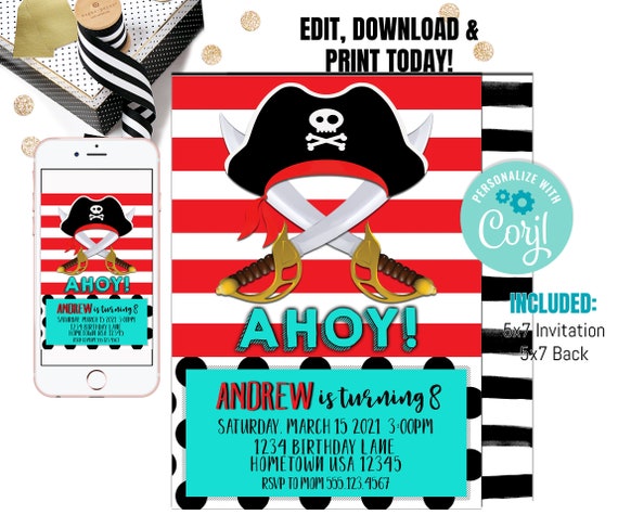 Pirate Invitation, Pirate Birthday Invitation, Pirate Party Treasure Map Invitation, pool party, Pirate Party Instant Download invitation Il_570xn