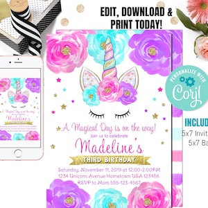 Editable Unicorn Invitation, Rainbow Unicorn invite, Unicorn Party Unicorn Birthday, Magical Unicorn, Girl gold Instant Download Printable